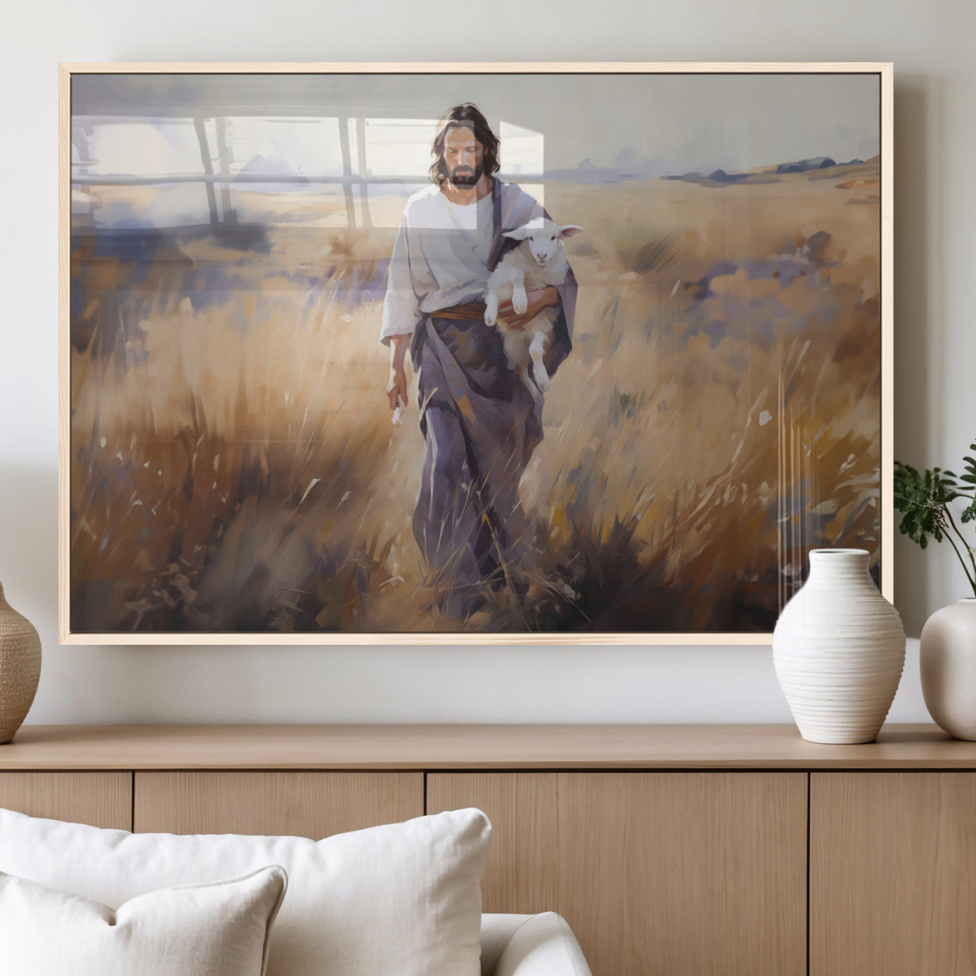 MGV-FP-60X30-3P - Jesus the Good Shepherd Wall Art Canvas Print - Lost Lamb Print for Prayer Room Decor