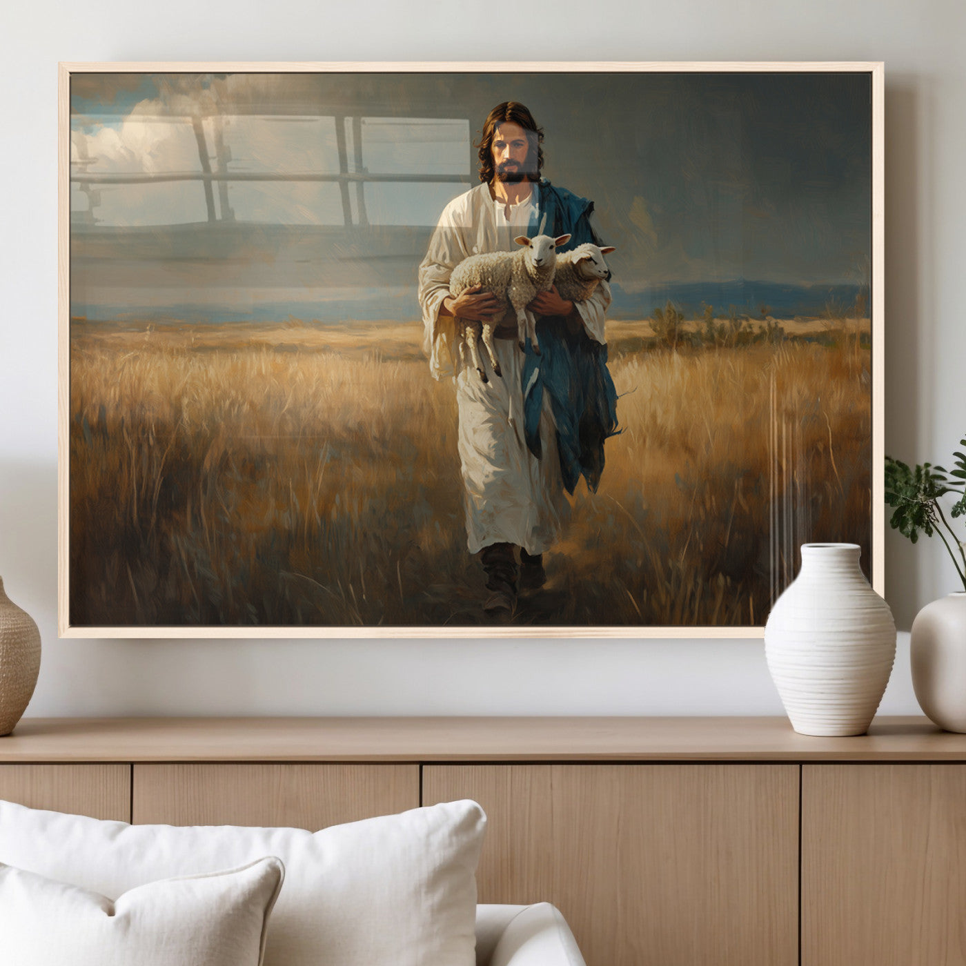 MGV-FP-60X30-3P - Jesus Shepherd Wall Art | Ready to Hang Triptych Canvas of Jesus Holding a Lamb in a Field |