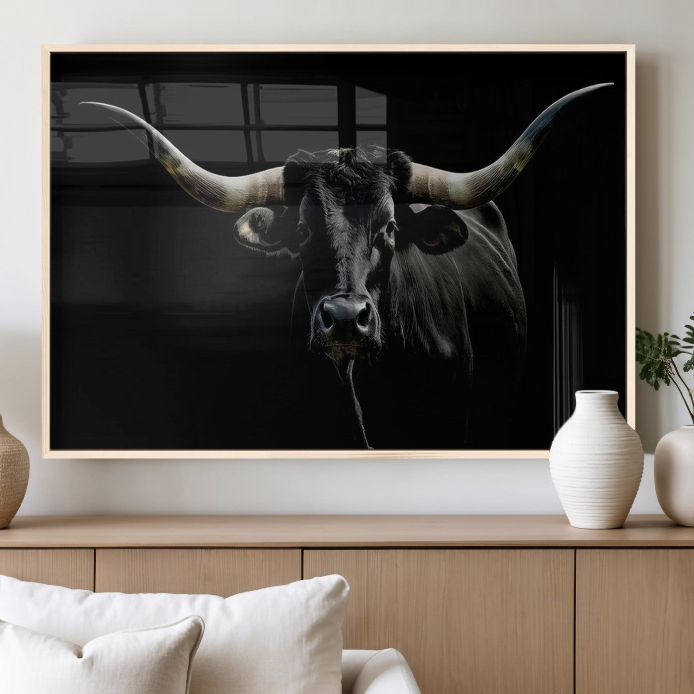 MGV-FP-60X30-3P - Texas Black Longhorn Bull Wall Art Canvas Print - Western Texas Cattle Rustic Decor Print - Longhorn