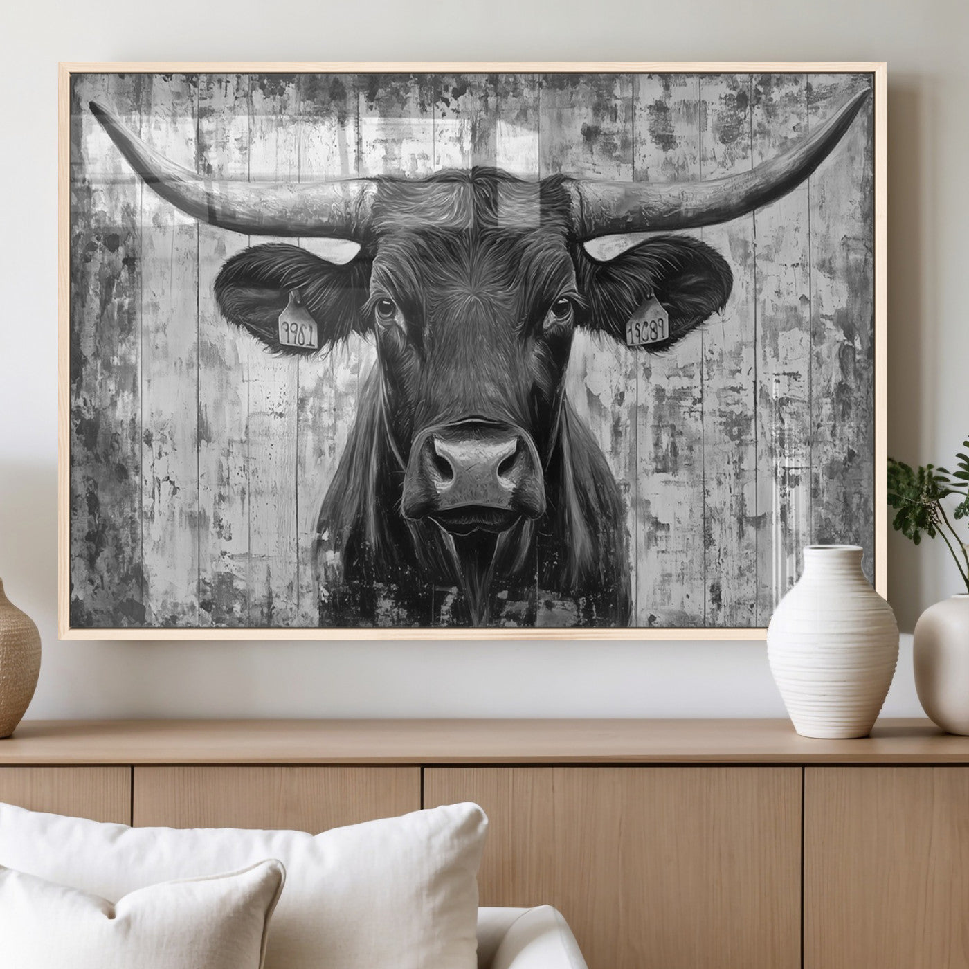 MGV-FP-60X30-3P - Abstract Longhorn Bull Wall Art Canvas Print - Rustic Texas Western Cow Artwork