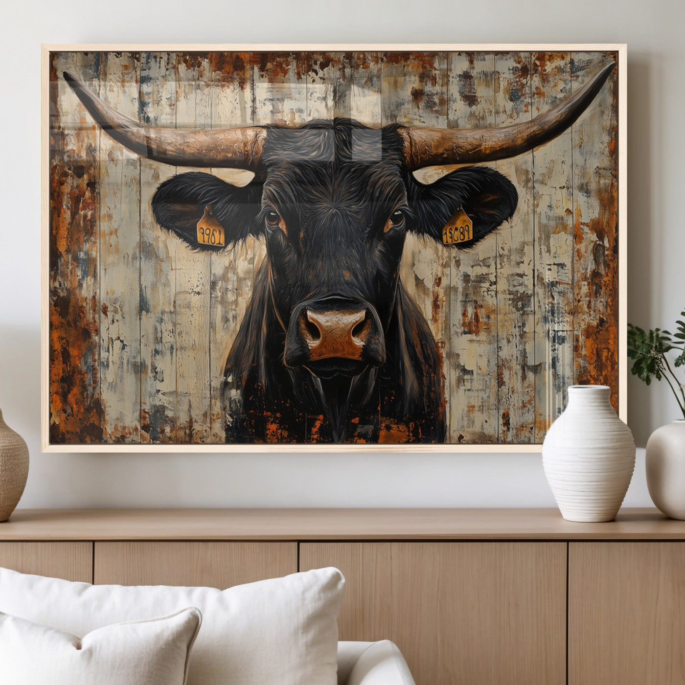 MGV-FP-60X30-3P - Rustic Texas Artwork Wall Art Canvas Print - Abstract Cow Longhorn Bull Wall Art Canvas Print