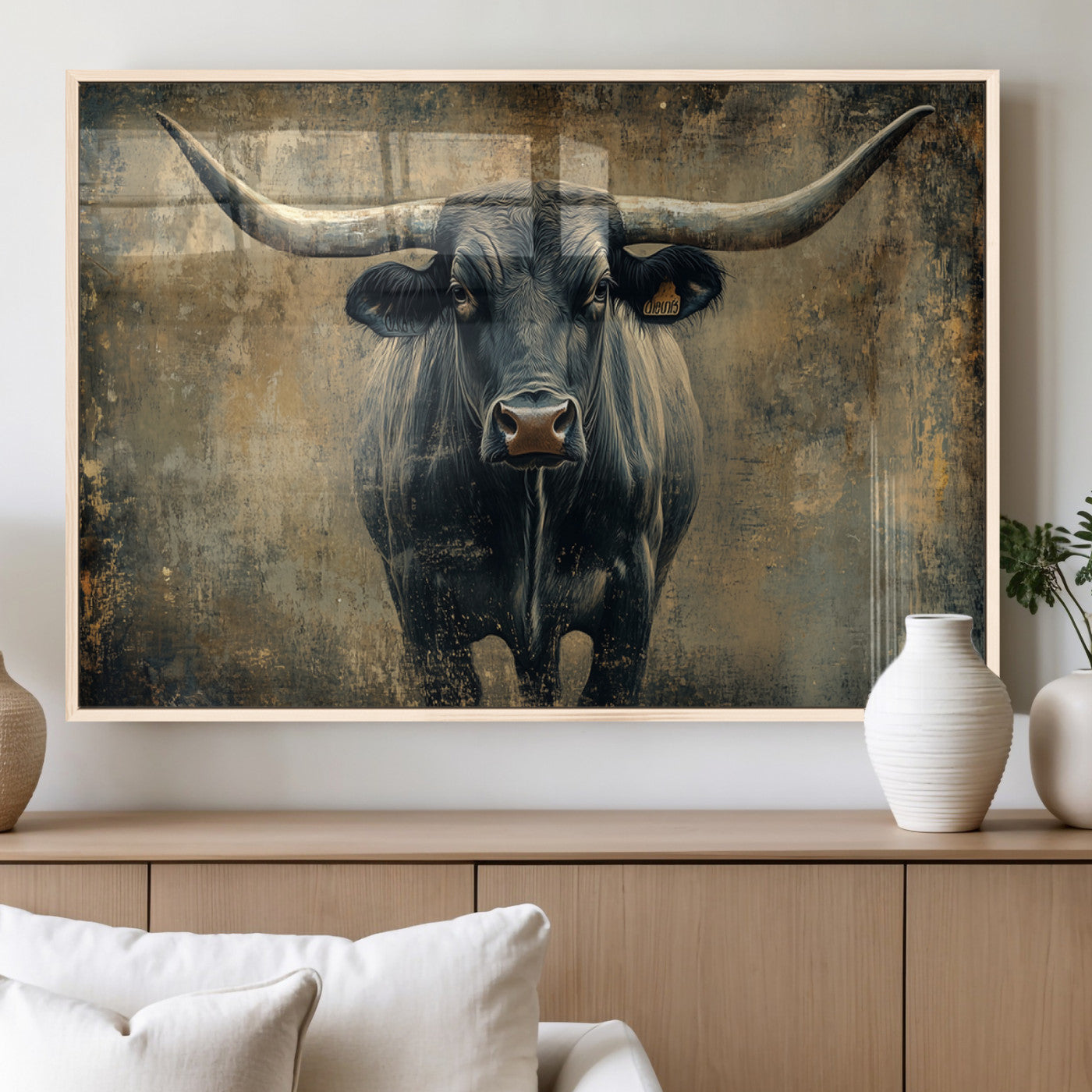 MGV-FP-60X30-3P - Longhorn Bull Wall Art Canvas Print, Framed Rustic Cow Art Picture Print, Texas Longhorn Perfect Western Decor Artwork