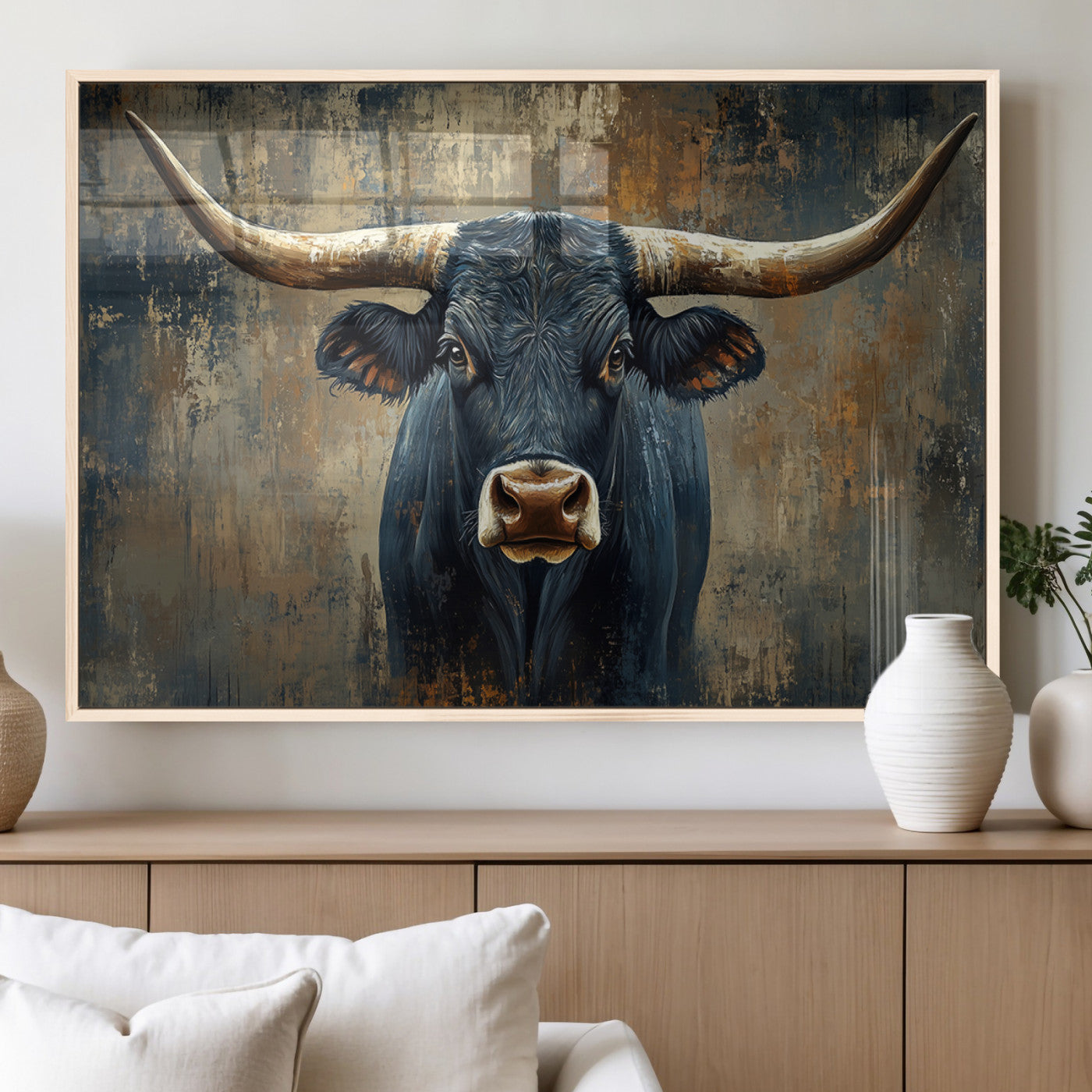 MGV-FP-60X30-3P - Texas Western Wall Art Canvas Print - Abstract Cow Longhorn Bull Wall Art Canvas Print - Rustic Cow