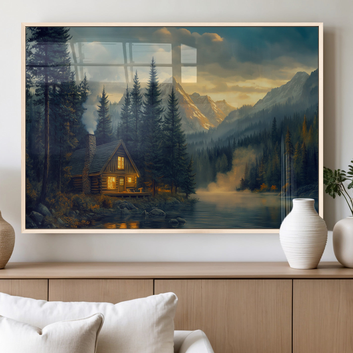 MGV-FP-60X30-3P - Mountain Cabin by the Lake at Sunset Wall Art - Serene Nature Canvas Print for Living Room Decor,