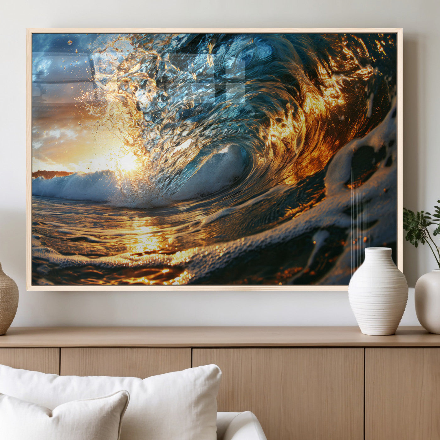 MGV-FP-60X30-3P - Ocean Wave at Sunset Canvas Wall Art – Vibrant Coastal Beach Waves Print, Large Nautical Decor,