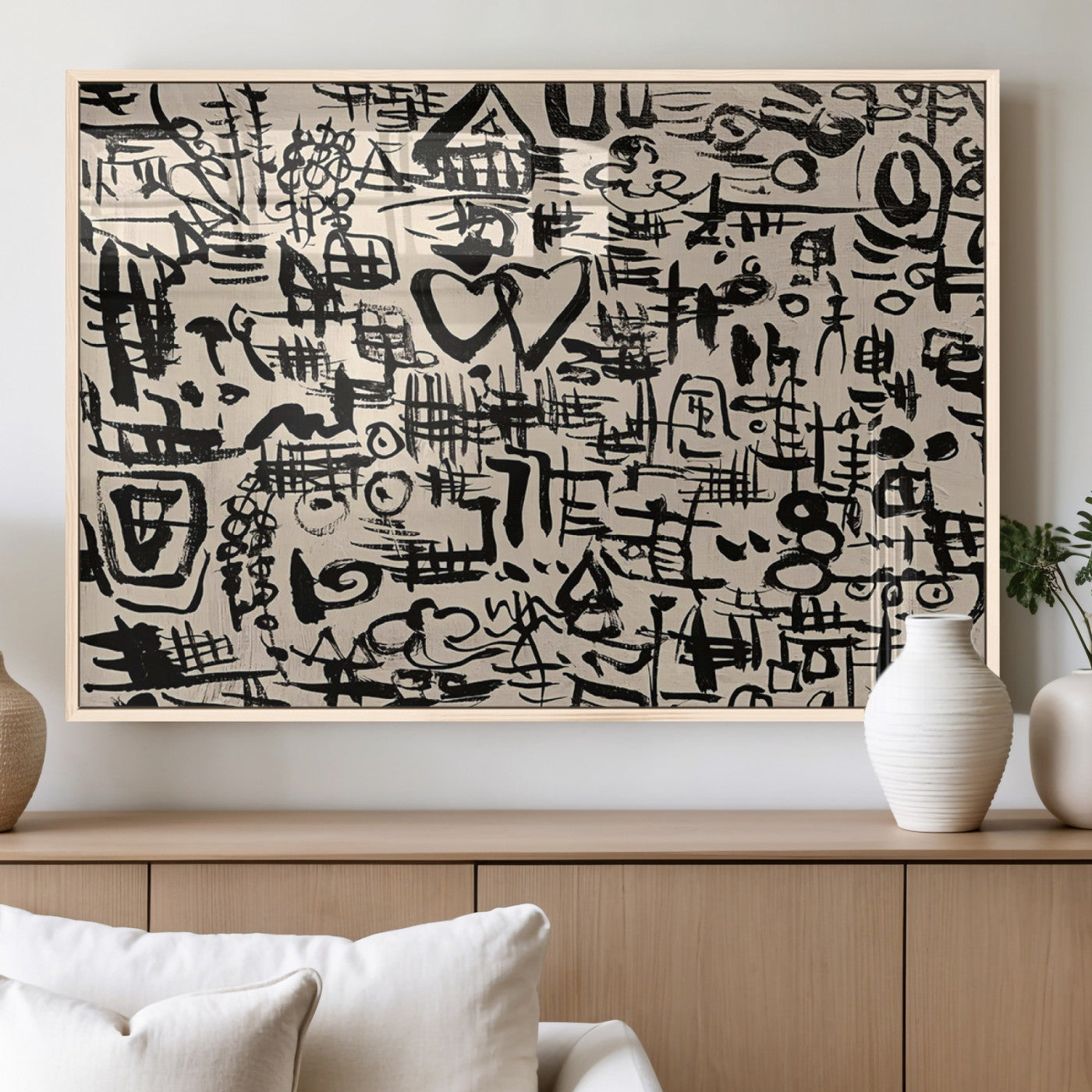 68273-MGV-FP-36X24 - Abstract Love and Chaos Canvas Print, Black Symbols on Beige
