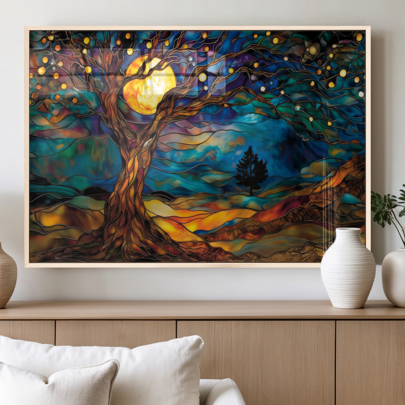 MGV-FP-36X24-3P - Tree of Life Wall Art - Yggdrasil Tree of Life Canvas Print - Vibrant Moonlit Tree Wall Art,  Tree