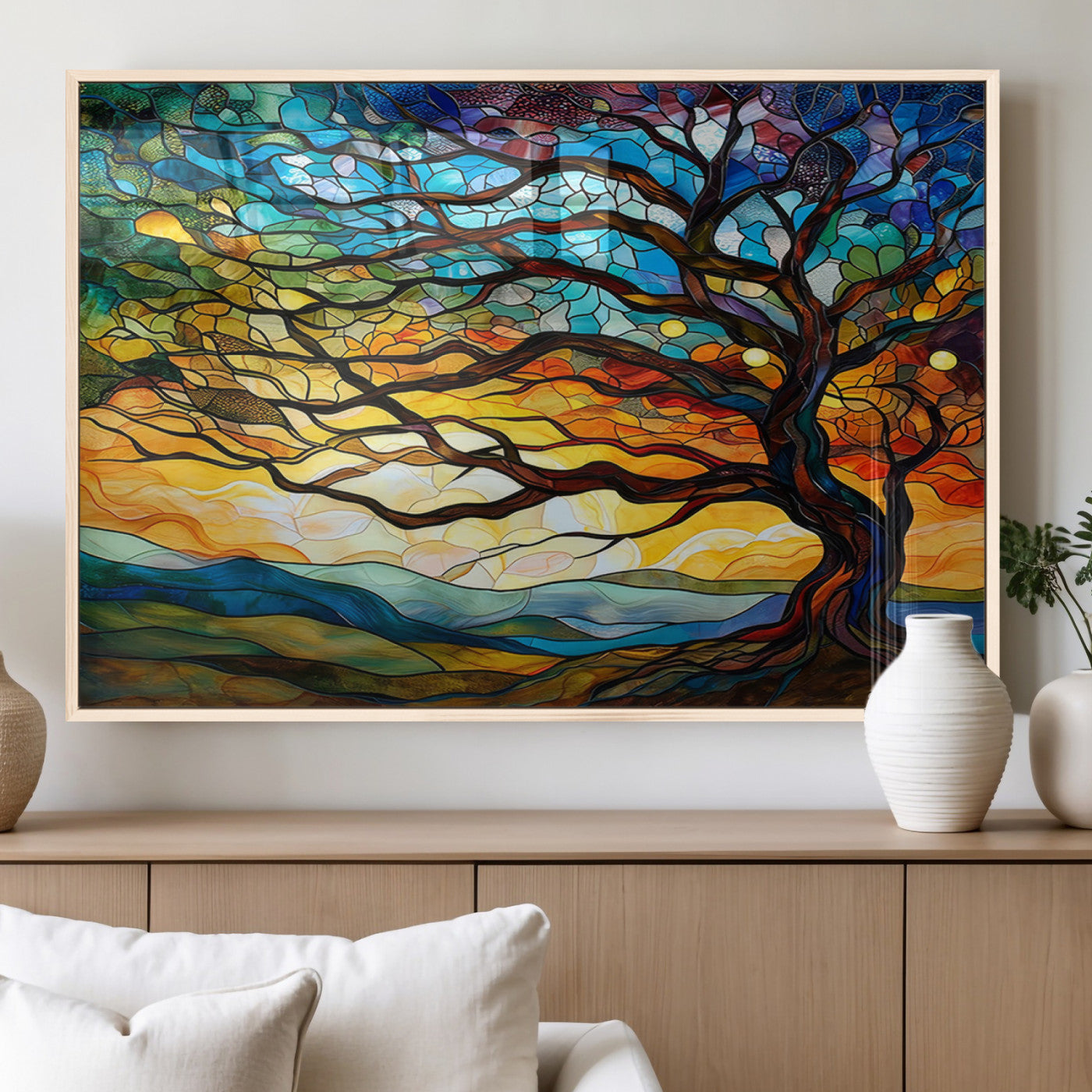 MGV-FP-60X30-3P - Vibrant Mosaic Tree of Life Wall Art | Stained Glass Style Canvas Print | Ready to Hang Artistic