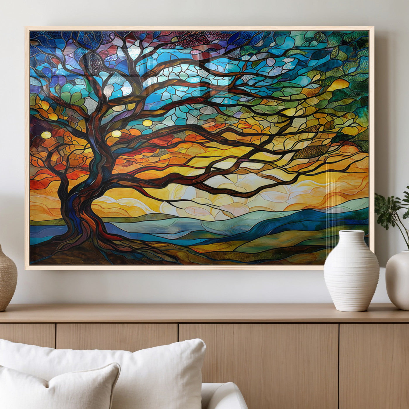 MGV-FP-60X30-3P - Mosaic Tree Wall Art | Ready to Hang Stained Glass Style Canvas Print | Farmhouse Wall Decor, Cabin