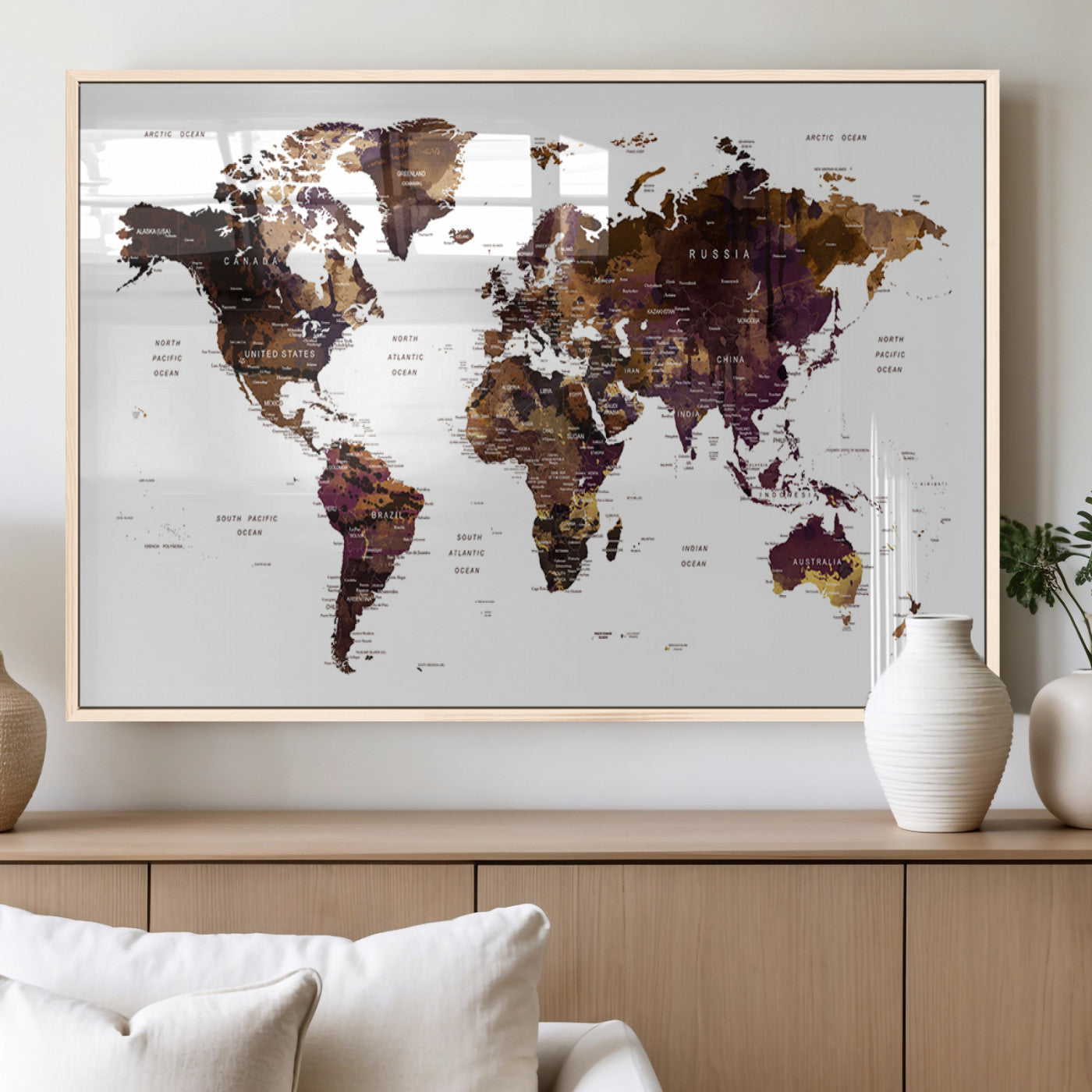 MGV-FP-36X24-3P - Push Pin World Map Canvas Print – Framed Wall Art for Couples to Track Their Travels – Anniversary