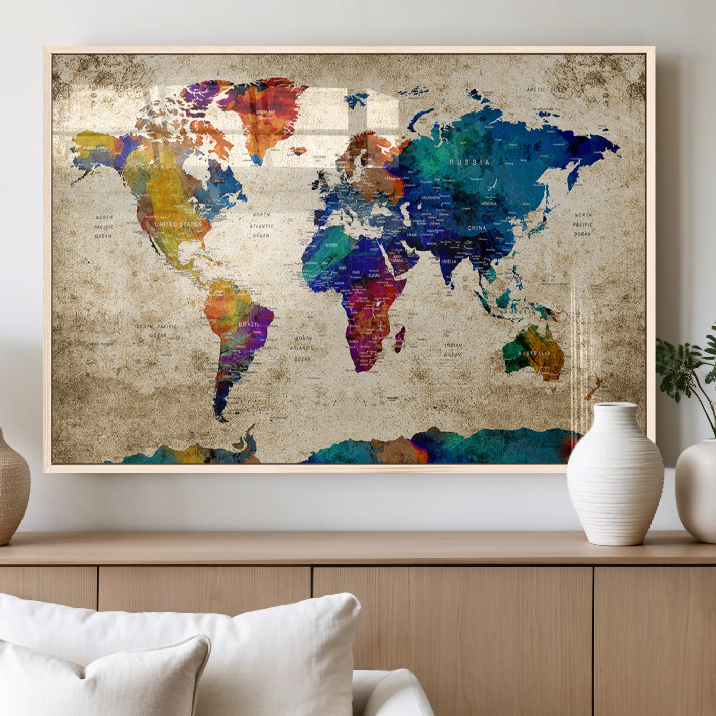 MGV-FP-36X24-3P - Push Pin World Map Canvas Print – Framed Wall Art for Couples to Track Their Travels – Anniversary
