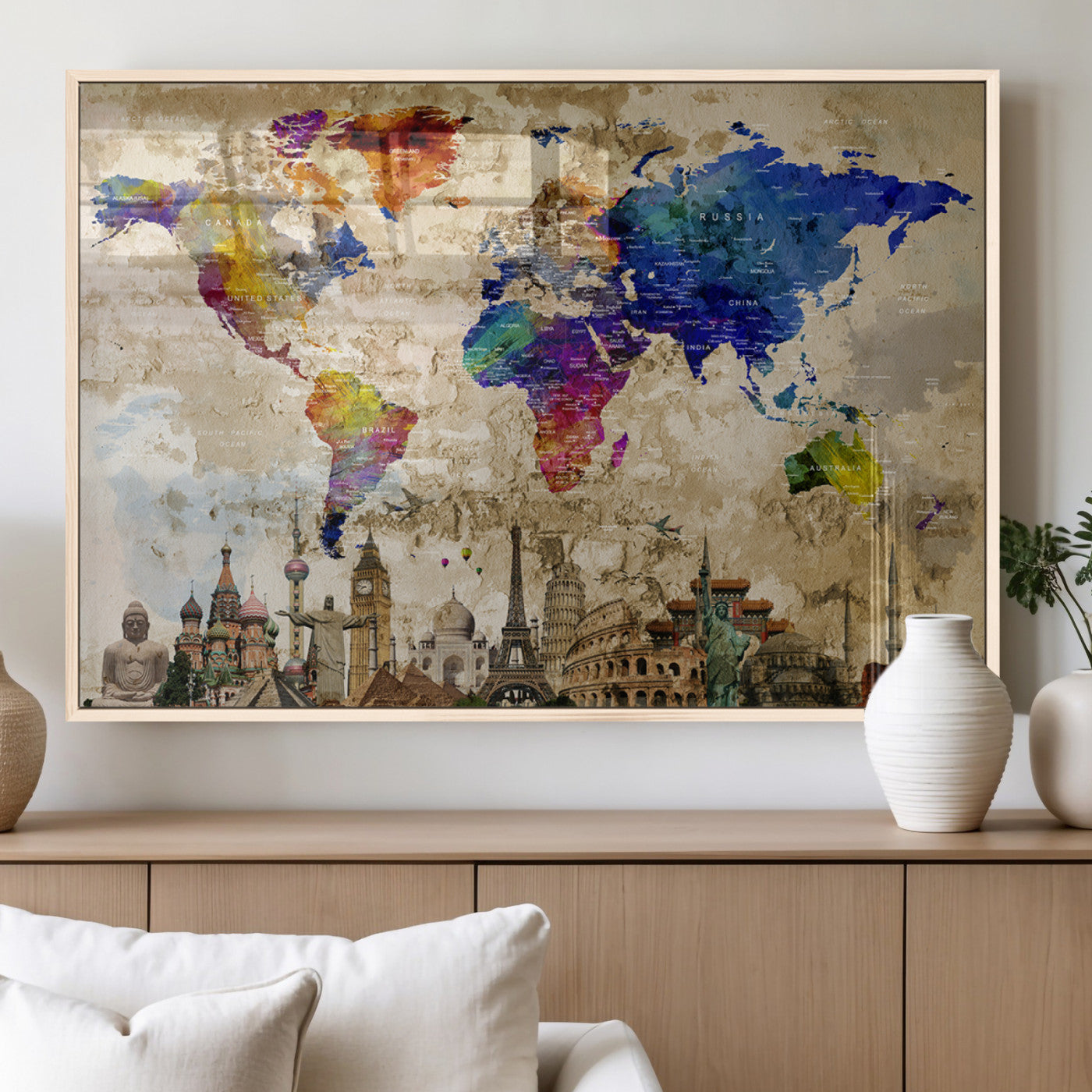 MGV-FP-60X30-3P - Push Pin World Map Canvas Print – Framed Wall Art for Couples to Track Their Travels – Anniversary