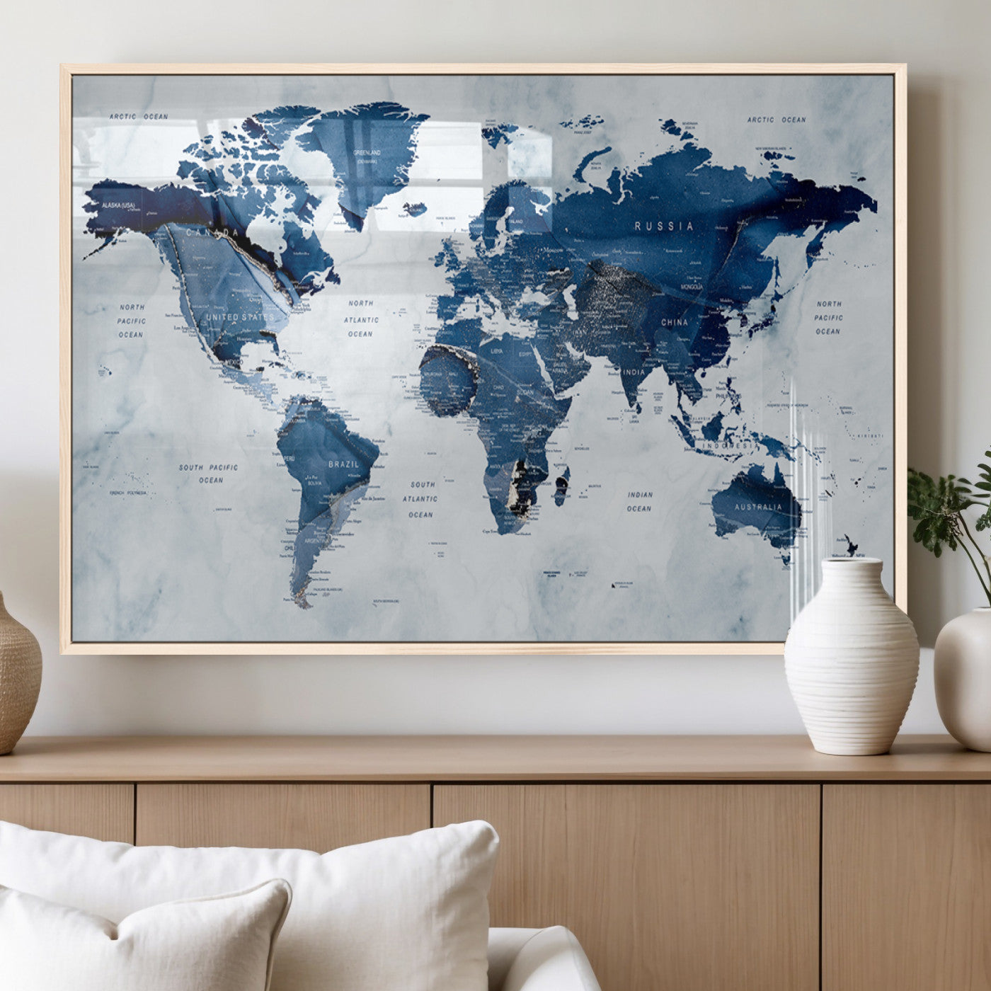 MGV-FP-60X30-3P - World Map Canvas Print – Framed Wall Art Home Adventure Decor