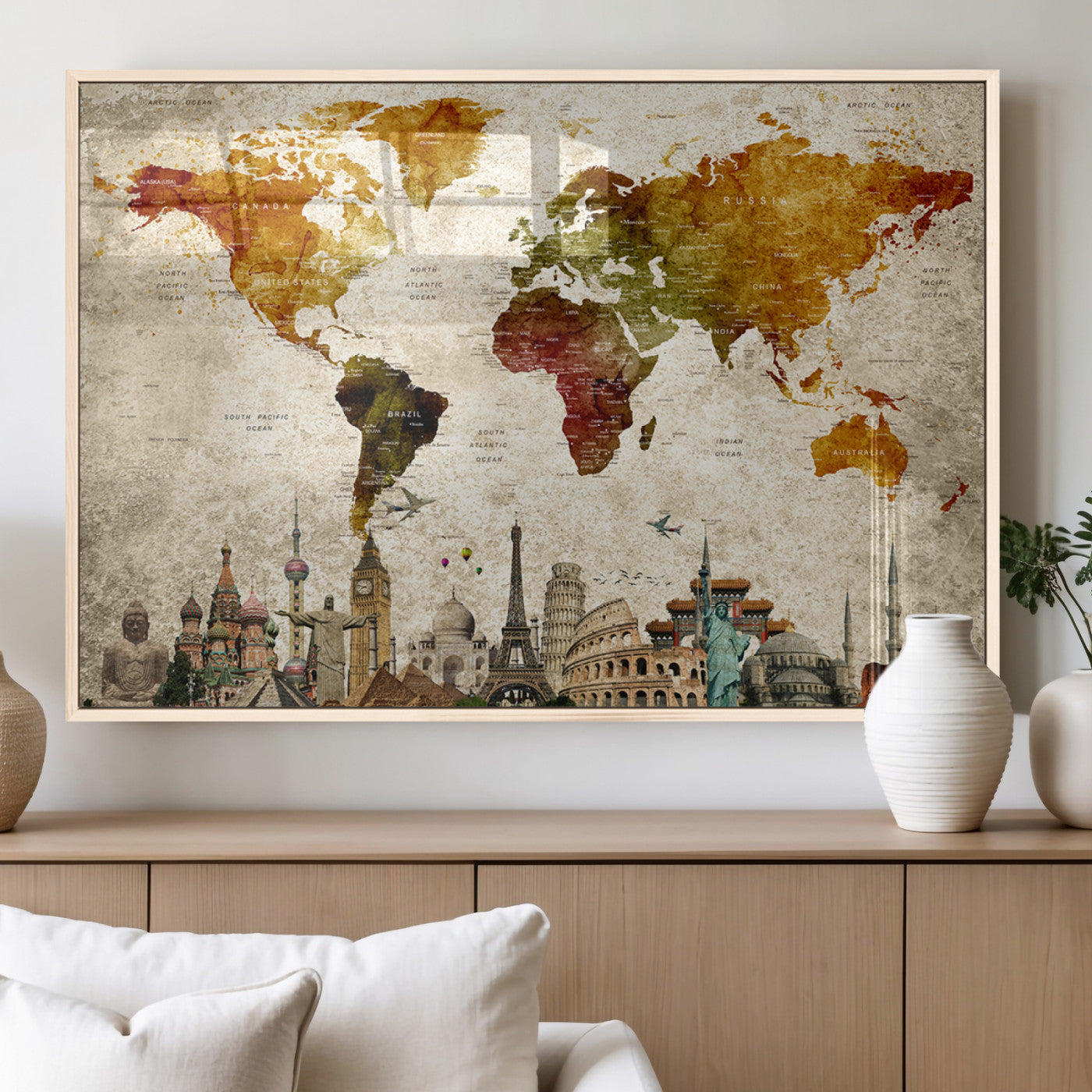MGV-FP-36X24-3P - Push Pin World Map Canvas Print – Framed Wall Art for Couples to Track Their Travels – Anniversary