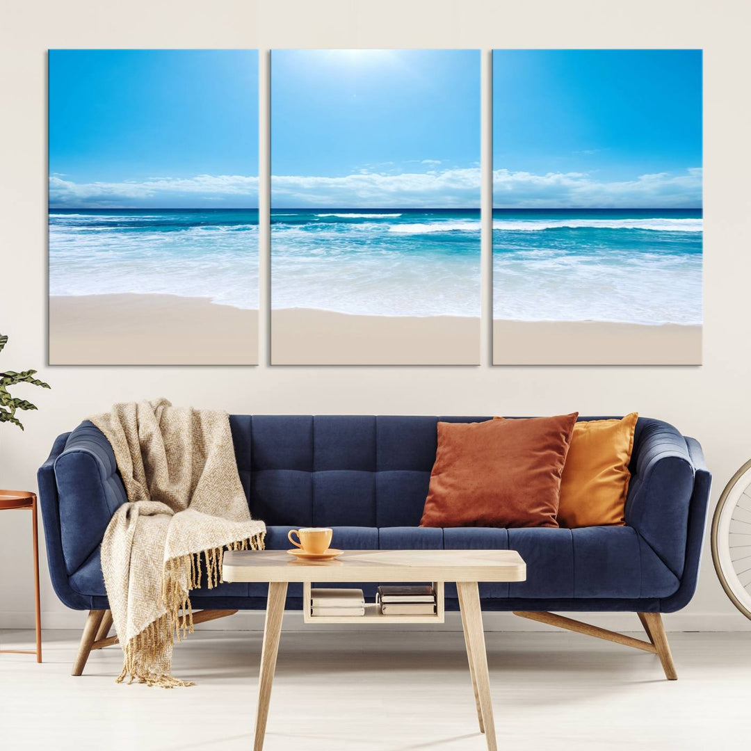 Lienzo decorativo para pared grande con estampado de mar y playa azul brillante