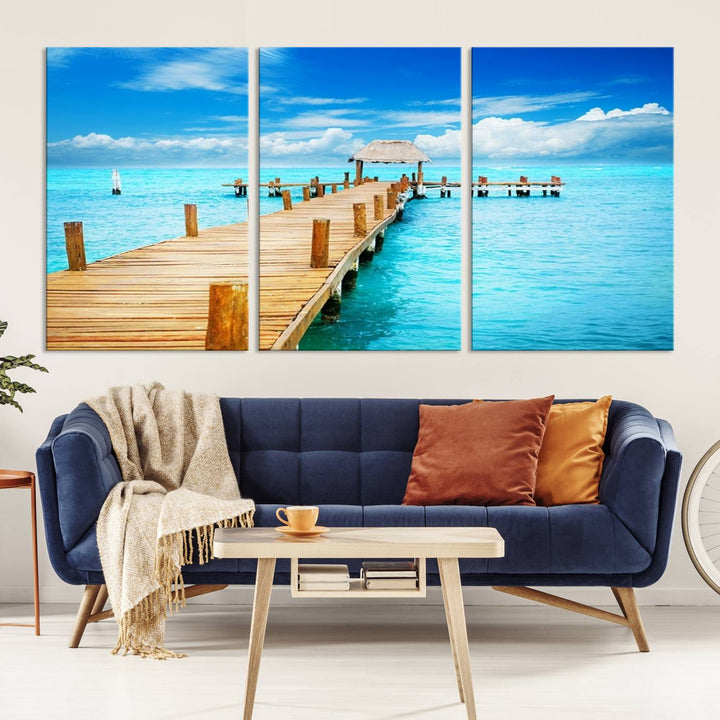 Tropical Pier Triptych Wall Art, Stunning Turquoise Ocean and Wooden Dock Canvas Print, Coastal Beach House Decor, Ocean View Canvas Art