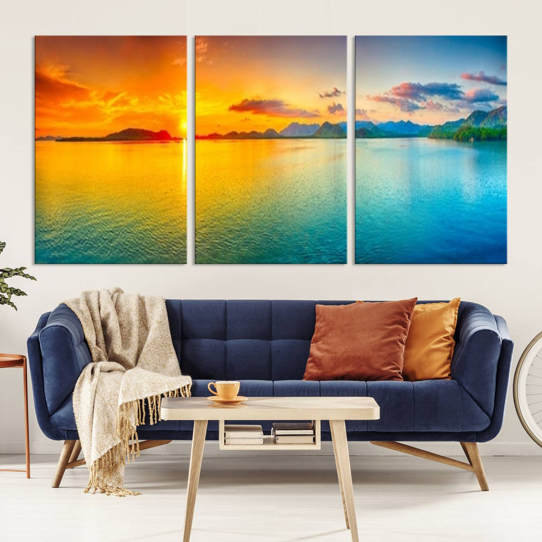 Impresión en lienzo de arte de pared grande, puesta de sol colorida, mar y montaña para decoración de sala de estar