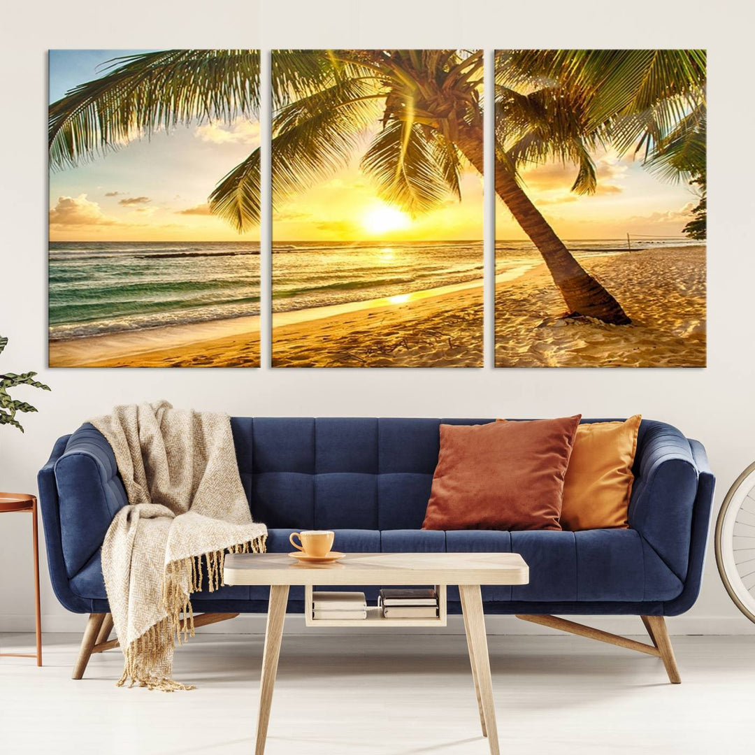 Wall Art Canvas Print Palm on Beach at Bright Sunset