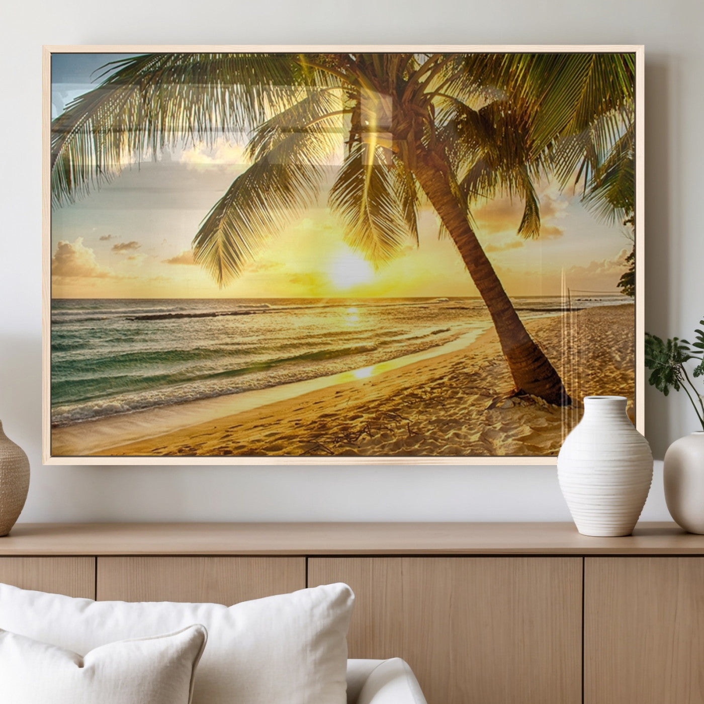 MGV-FP-36X24-3P - Beach Sunset Canvas Wall Art Print - Tropical Beach Canvas Wall Art Print – Vibrant Palm Trees and