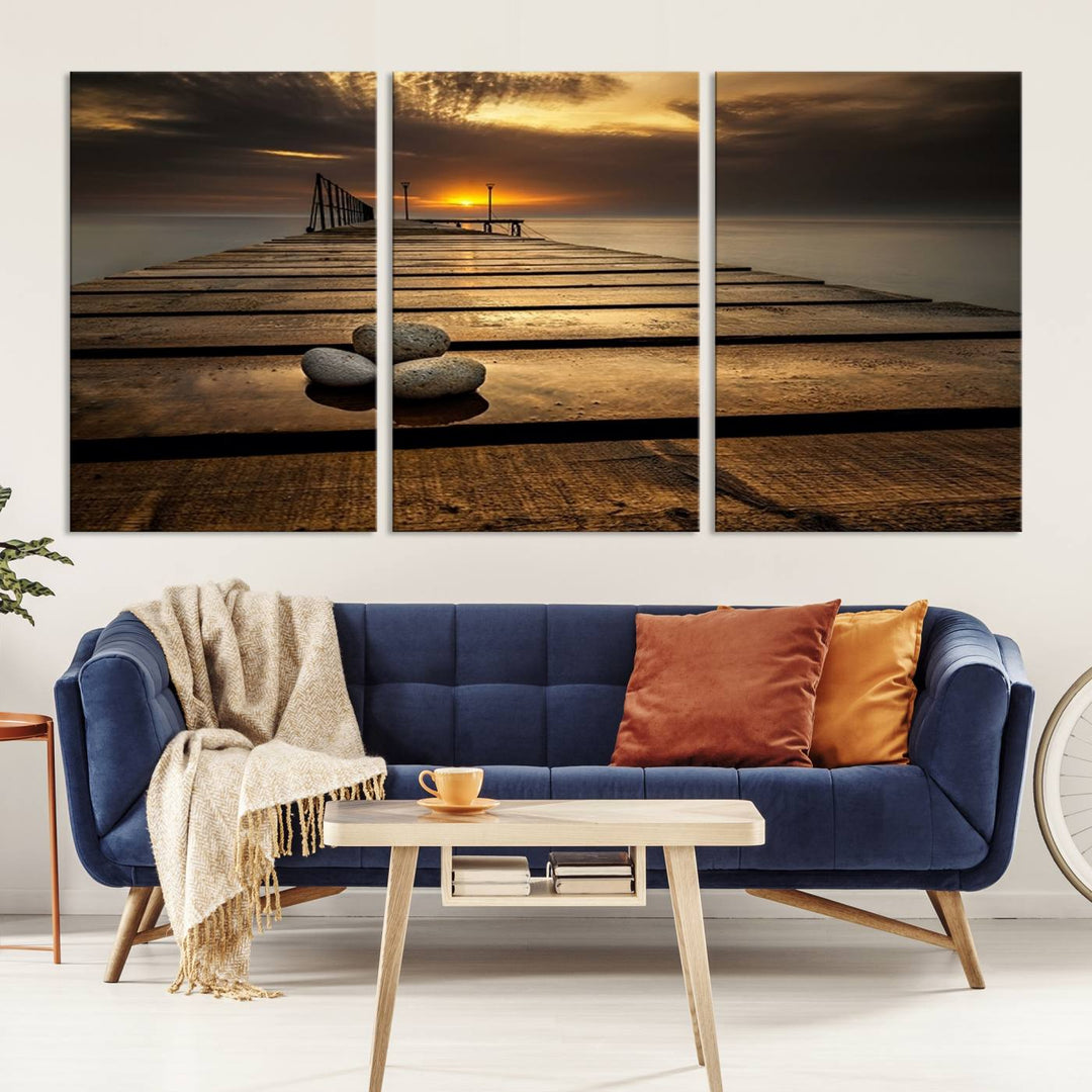 Stones on Wooden Pier at Sunset Wall Art Canvas