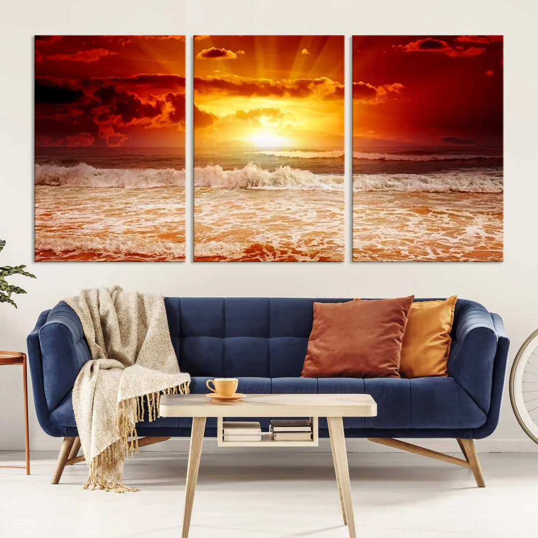 In a modern living room, the vibrant "Wall Art Canvas Perfect Sunset Turns Colour of Sea and Sky to Red," printed on museum-quality canvas, stands out. A floor lamp casts warm light over the ready-to-hang artwork, which includes a UV-protective coating to ensure lasting brilliance.