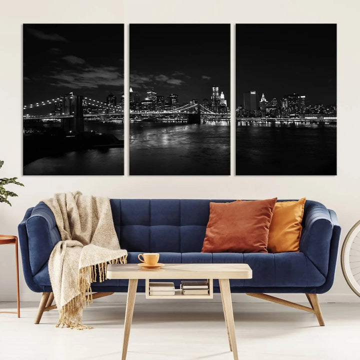 The "NEW YORK Canvas Prints Black and White Brooklyn Bridge Print" is a stunning triptych showcasing the iconic city skyline and bridge. Printed on museum-quality canvas with a UV-protective coating, it is ready to hang and instantly elevates your decor.