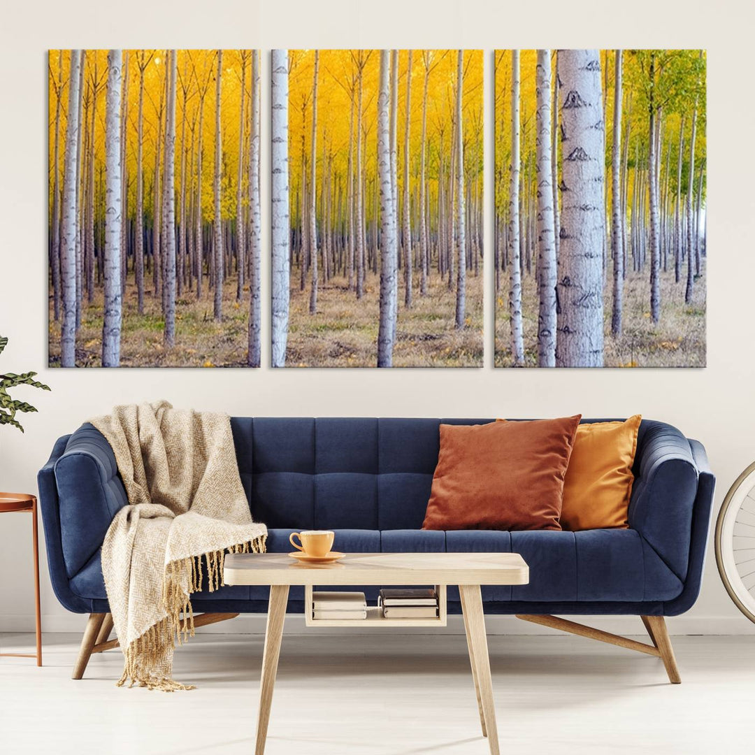 Impresión artística de pared con bosque de abedules en otoño