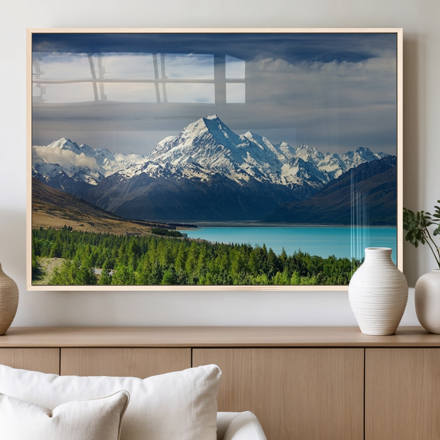 MGV-FP-36X24-3P - Mount Cook and Lake Pukaki Canvas Wall Art Print – Majestic Snow-Capped Peaks and Serene Lake Wall