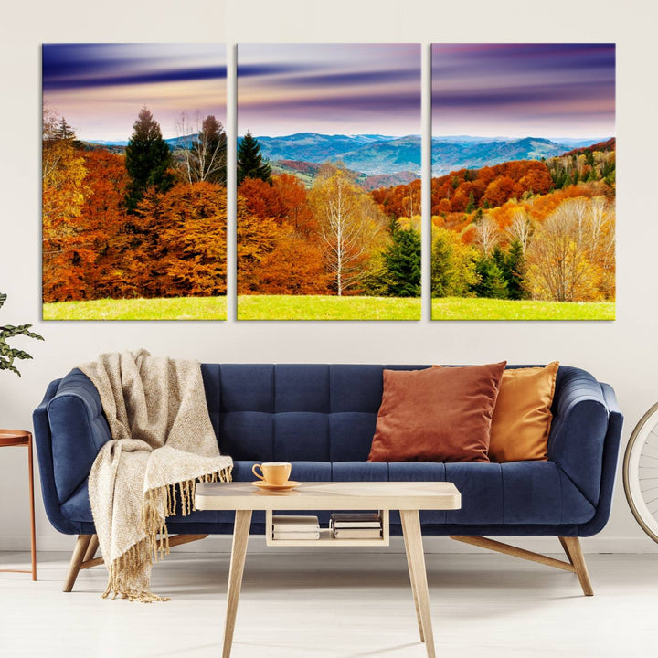 Autumn Colorful Forest Blue Mountains and Purple Sky at Sunset Wall Art Canvas Print