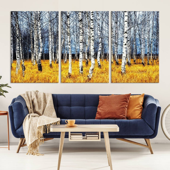 Impression d’art mural de bouleaux, art mural paysage, impression sur toile, arbres sans feuilles sur fond jaune