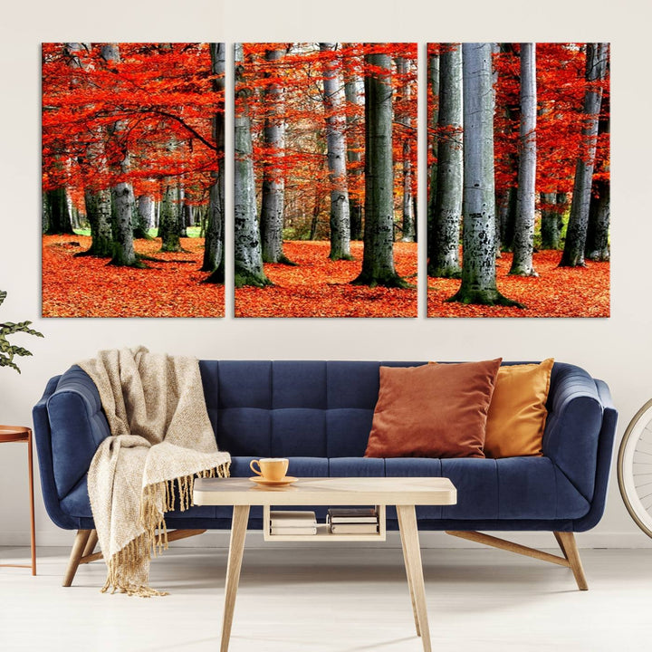 Impression sur toile de paysage d'art mural, feuilles rouges sur des arbres sur fond rouge