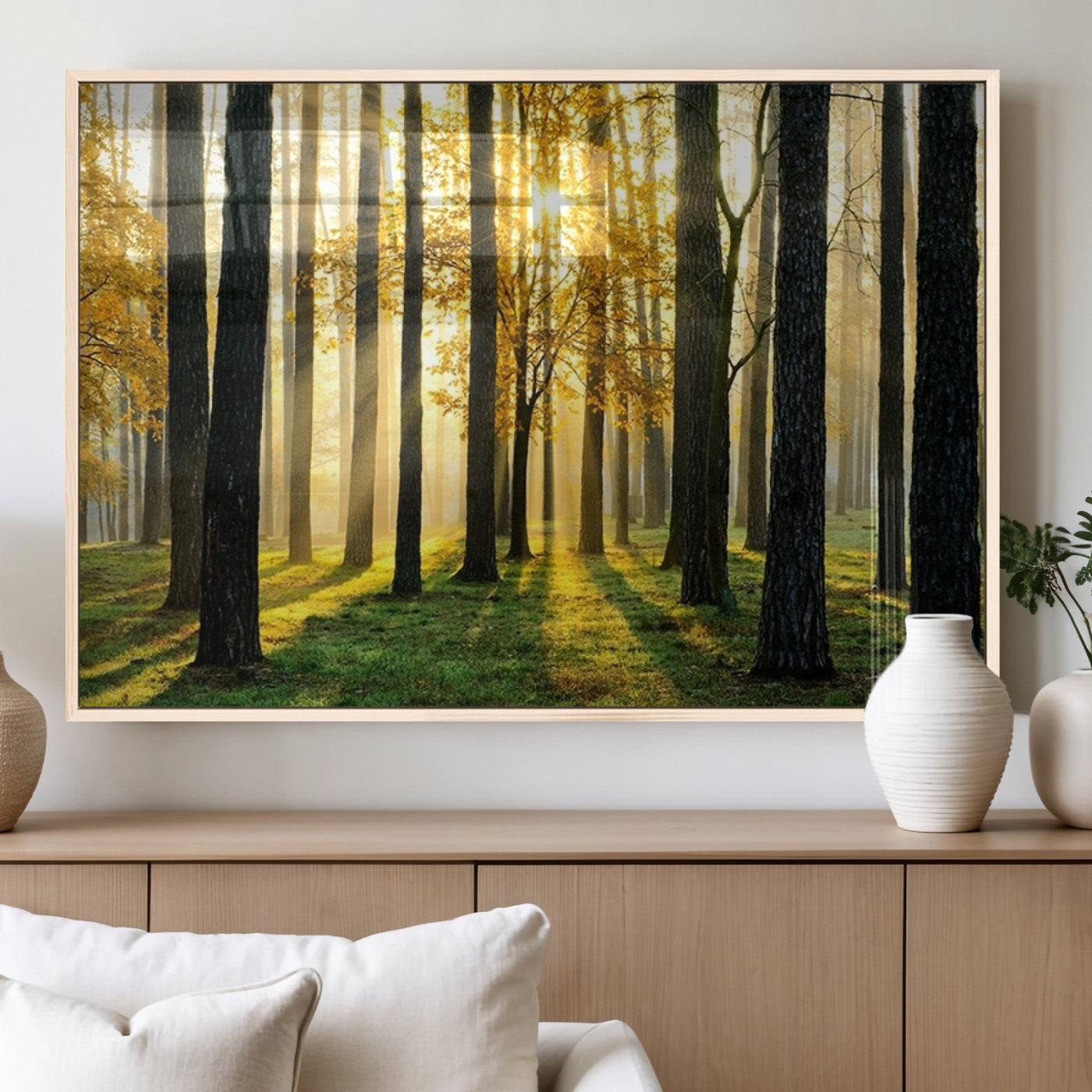 MGV-FP-60X30-3P - Sunlit Forest Canvas Wall Art – Serene Woodland Triptych Landscape Print – Nature-Inspired Decor for