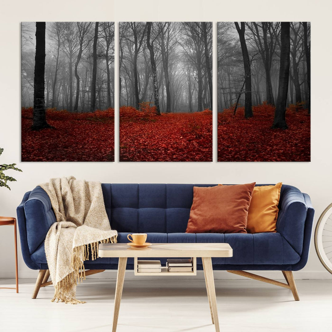 Impression sur toile de paysage d'art mural, forêt merveilleuse avec des feuilles rouges au sol