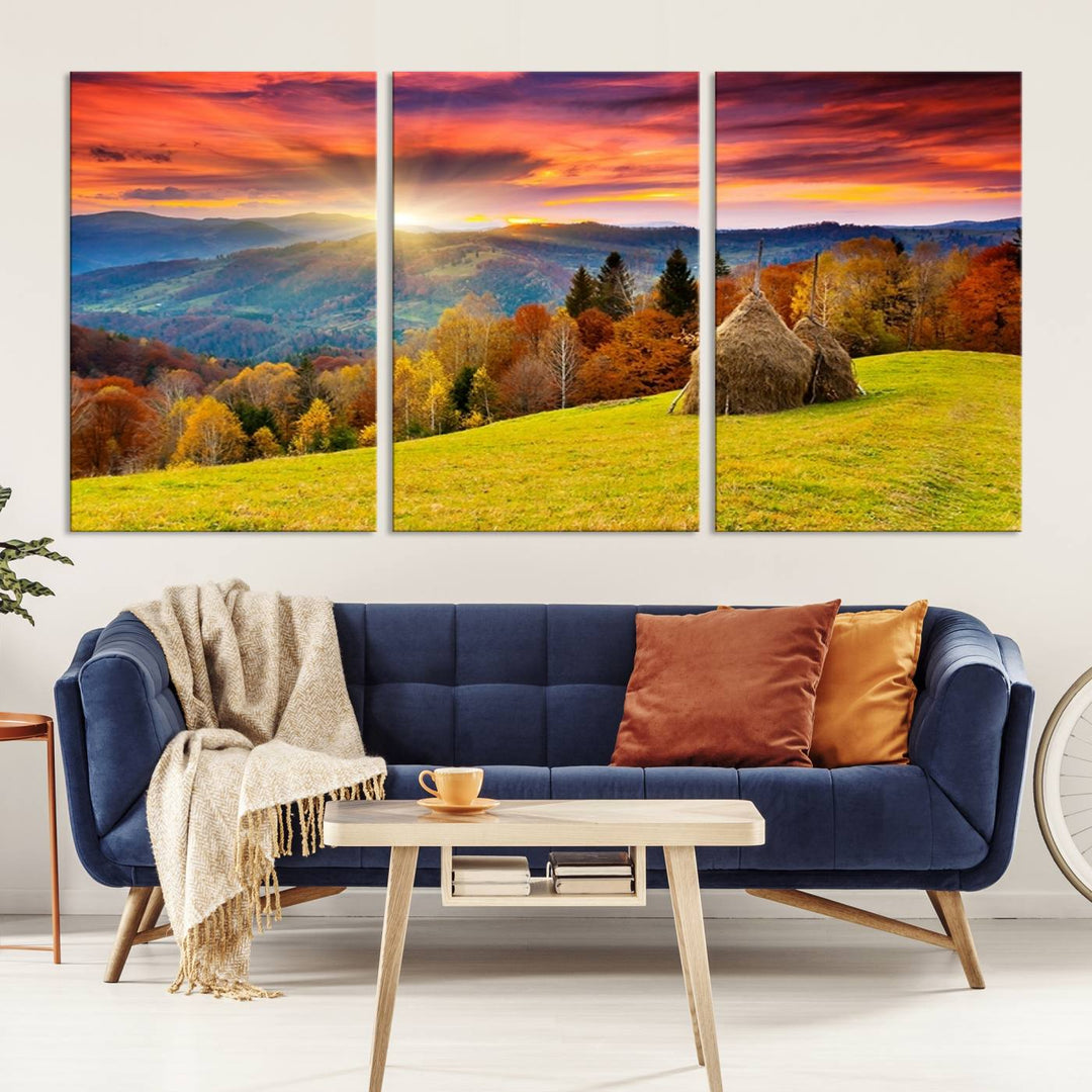 Impression sur toile de paysage d'art mural, tous les tons de vert au coucher du soleil