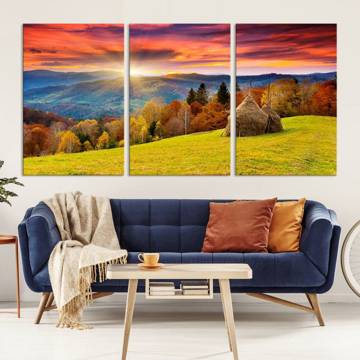 Impression sur toile de paysage d'art mural, tous les tons de vert au coucher du soleil