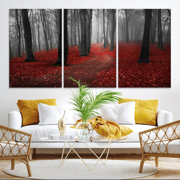 Wonderful Forest artwork: Triptych with red leaves, ideal for nature lovers.