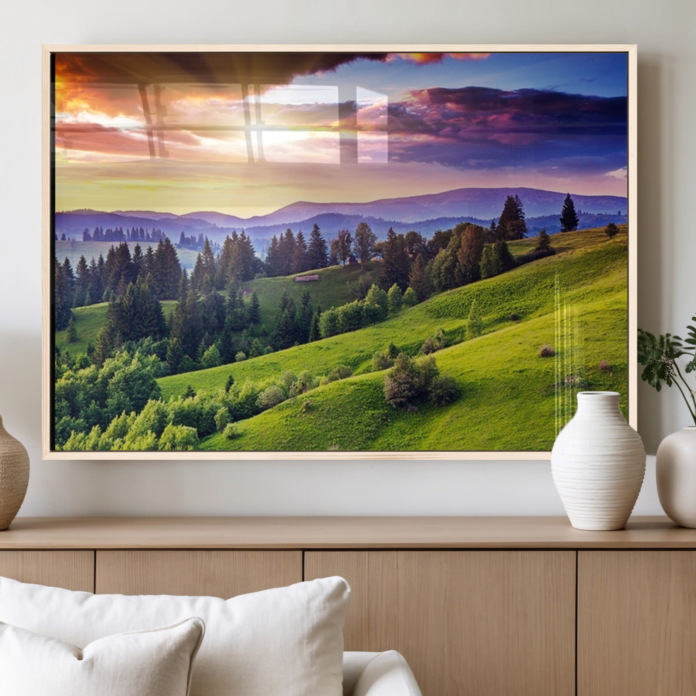 MGV-FP-36X24-3P - Green Hills and Sunset Wall Art Print - Scenic Landscape with Lush Greenery and Vibrant Sky, Ready