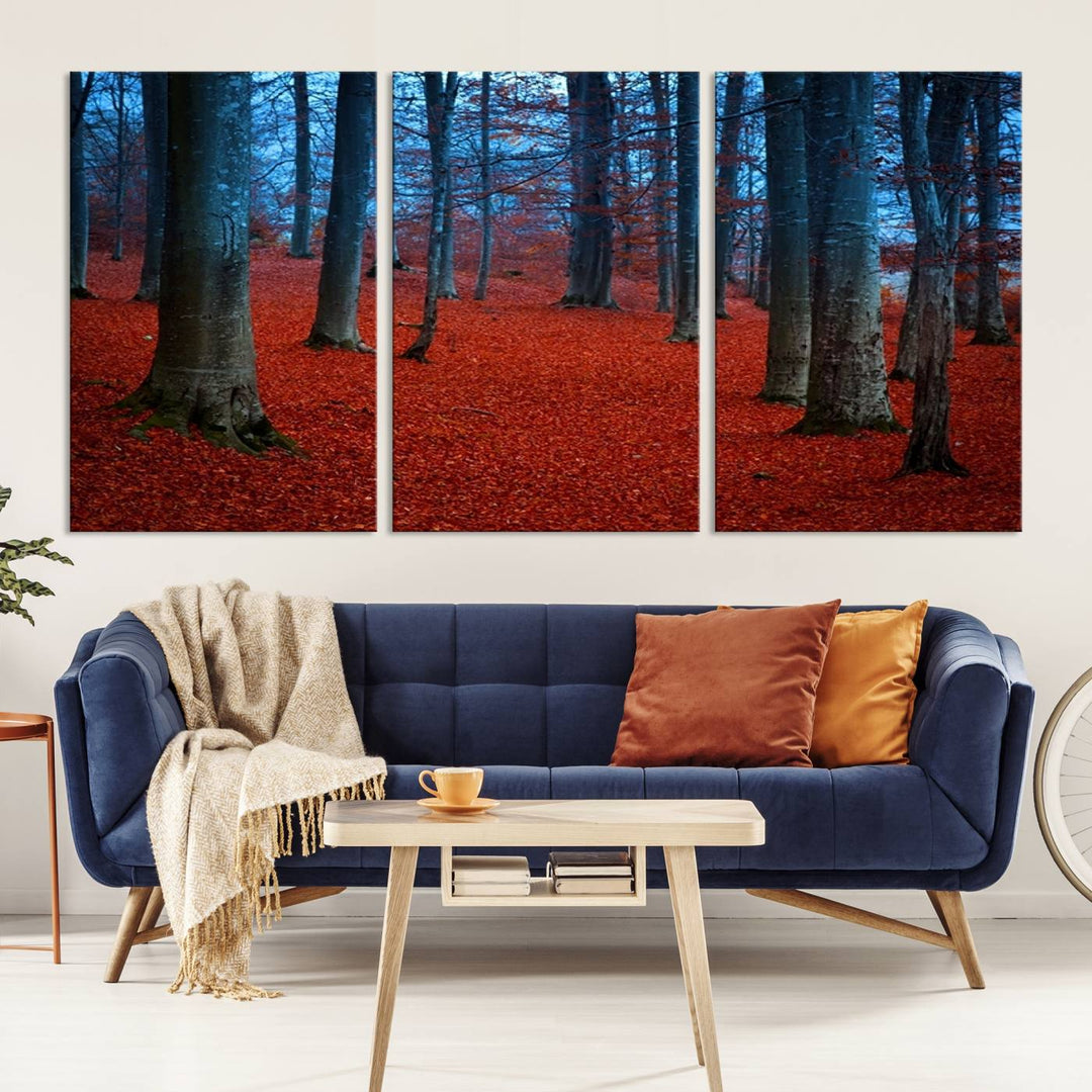 Impresión de lienzo de paisaje de arte de pared extra grande - Hojas rojas en bosque azul