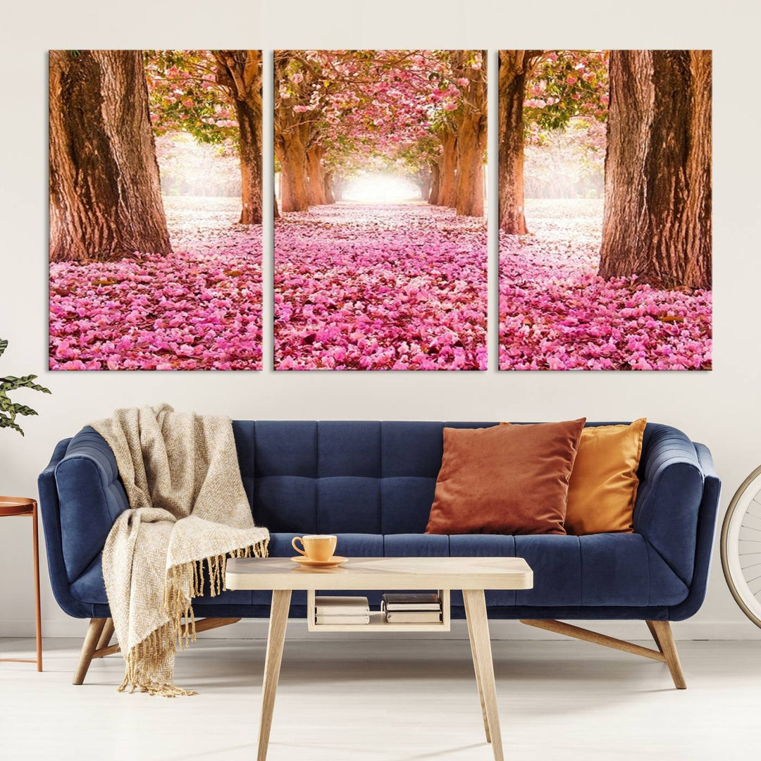 Blossom Cherry Canvas Print Walking on Pink Flowers Between Trees