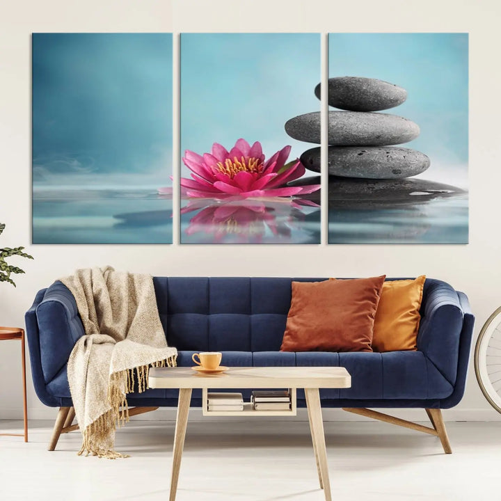 The Zen Serenity Triptych Canvas Art, featuring a lotus flower and balancing stones, perfectly captures tranquility with its serene water lily print.