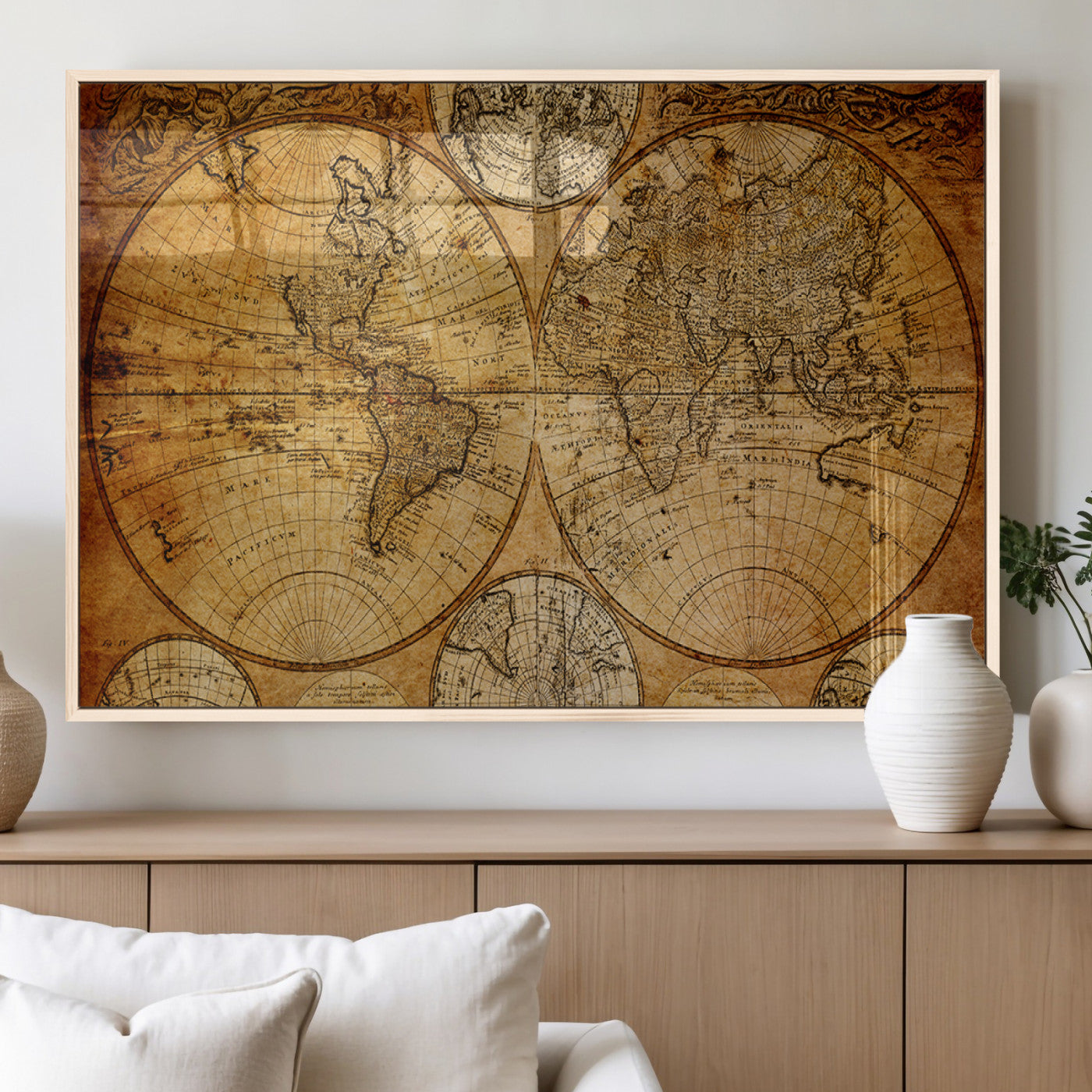 25517-MGV-FP-36X24 - Vintage World Map Canvas Print – Antique Push Pin Travel Map, Framed Wall Art for Home or Office Decor