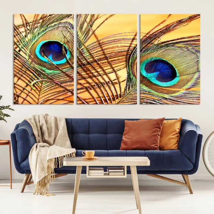 The Peacock Feather Wall Art Print, showcasing a vibrant green, blue, and orange feather design and ready to hang, adorns the space.