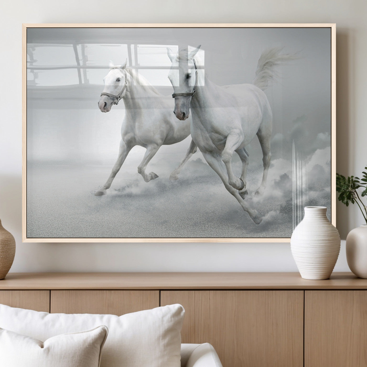 MGV-FP-60X30-3P - Large Wall Art Animal Canvas Print - Beautiful Running White Horses