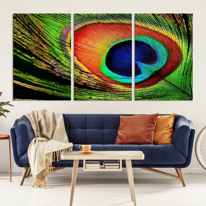 The living room features the "Colorful Peacock Feather Wall Art Print," showcasing a vibrant green, blue, and orange design elegantly displayed above a modern sofa.