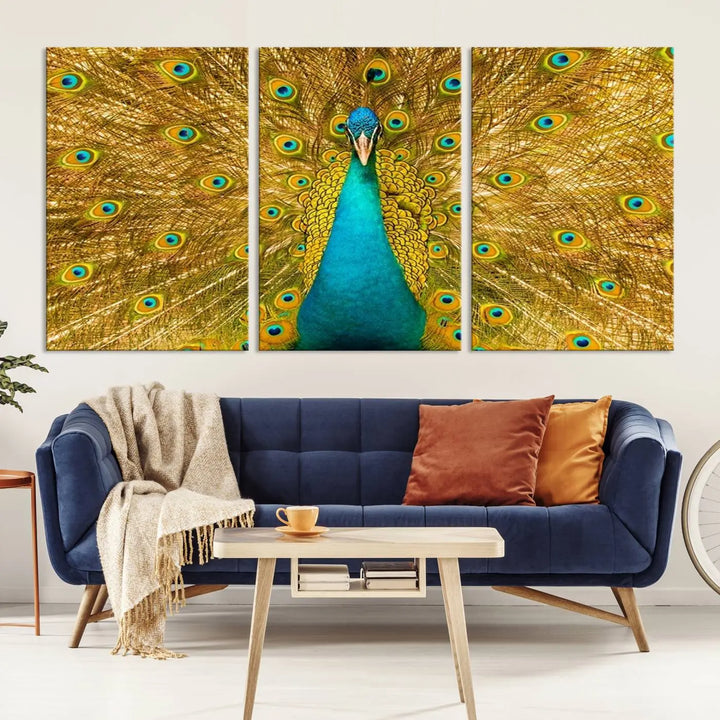 The Peacock Wall Art Canvas Print, featuring a vibrant triptych design of a peacock with intricate feather details and printed on museum-quality canvas with UV-protective coating, brings an artistic flair to the elegant space. Ready to hang, it enhances the modern living room with its striking presence.