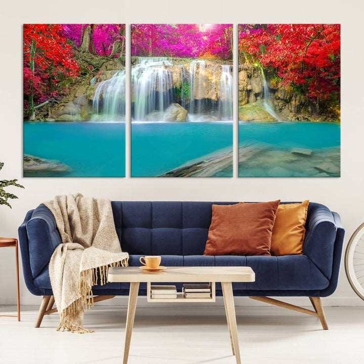 Wall Art Waterfall Landscape with Pink and Red Flowers in Forest Canvas Print