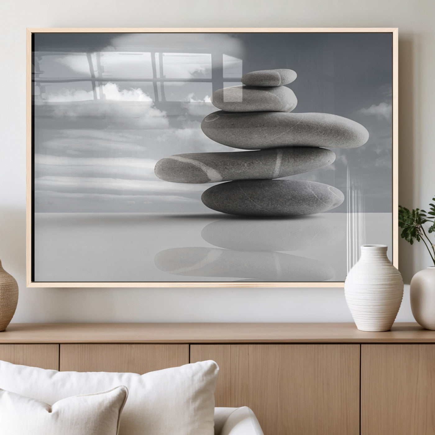MGV-FP-60X30-3P - Still Life Black and White Zen Stones Wall Art Canvas, Framed Black and White Zen Stones Canvas