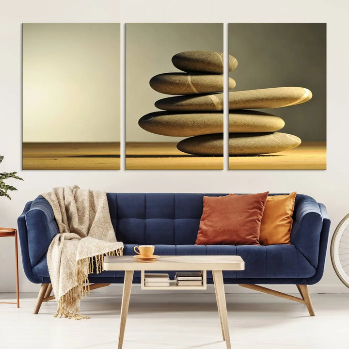 The "Yellow Zen Stones on Yellow Background Wall Art Yoga Zen Artwork," a professionally hand-assembled framed photo with UV-protective coating, is displayed on the wall.