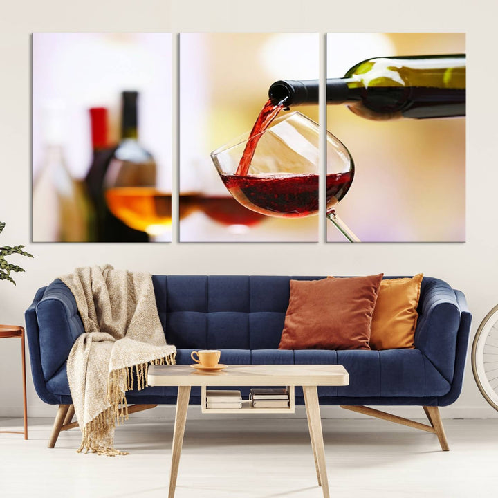 The Filling Red Wine into Glass Red Wine Canvas Print showcases a wine bottle pouring red wine into a glass. This scene, captured on museum-quality canvas, promises timeless elegance and comes with free shipping for effortless delivery to your doorstep.