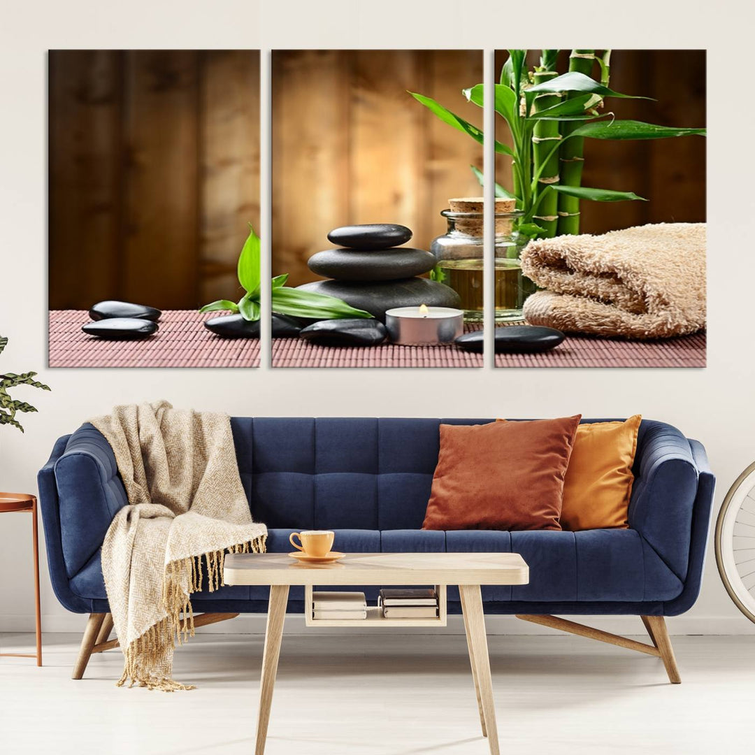 Zen Serenity Triptych Canvas Art, Pink Lotus Flower and Balancing Stones Wall Art, Tranquil Water Lily Canvas Print